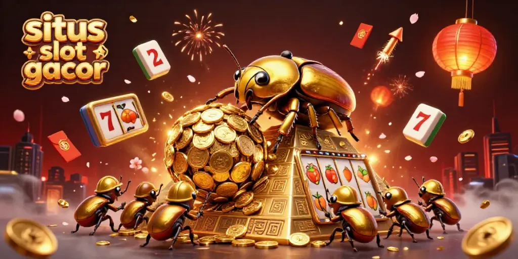 Situs slot gacor highlights a 3D golden dung beetle rolling coins, surrounded by dynamic casino symbols.