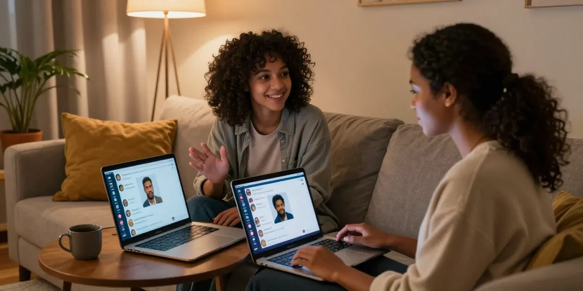 Couple engaging in ai sex chat in a cozy home setting, showcasing intimate virtual interaction.