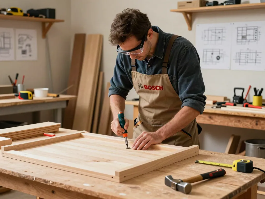Carpenter expertly using bosch hand tools for woodworking in a bright workshop.