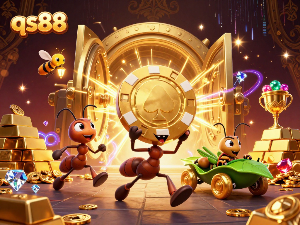 Experience thrilling heists as qs88 ants seize golden poker chips amidst an explosion of treasures.
