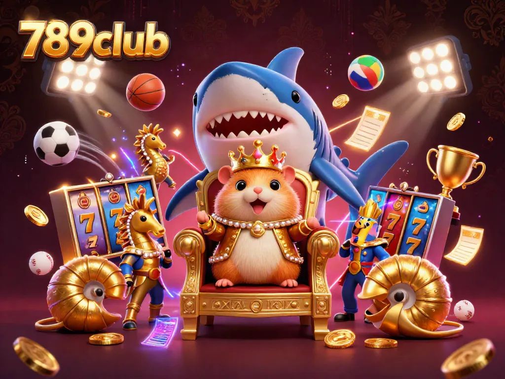 Immerse in 789club's exciting gaming world with a vibrant scene of a hamster king surrounded by slot machines and sports elements.