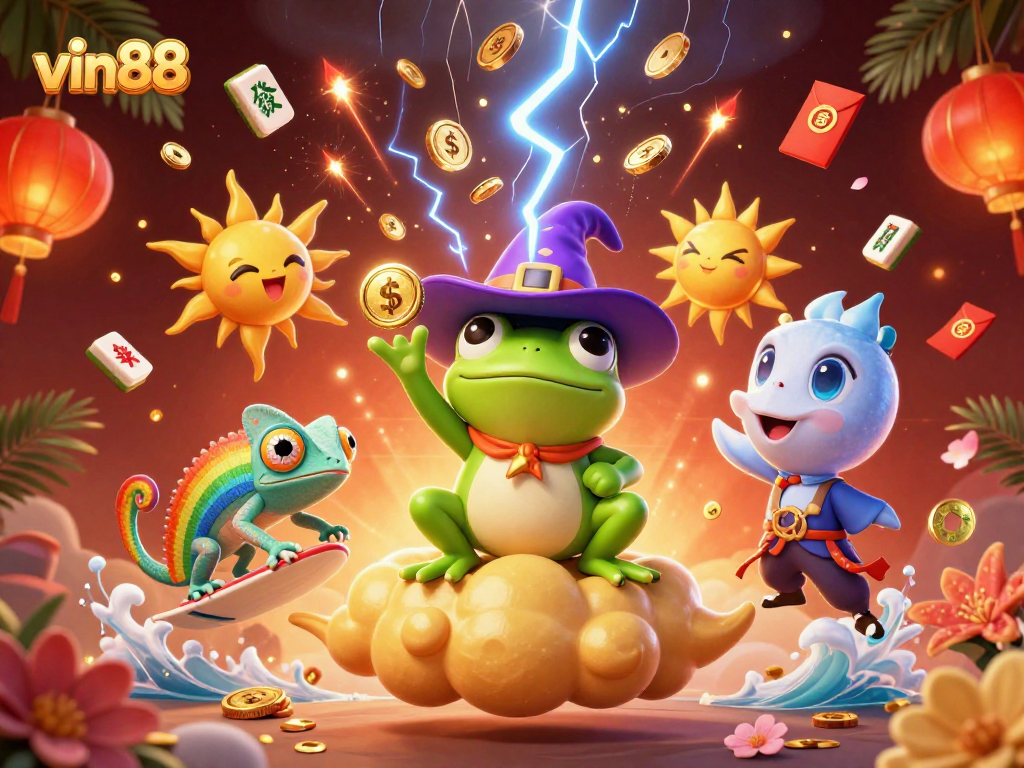 Winning at vin88 with vibrant 3D characters and casino-themed elements creating excitement.
