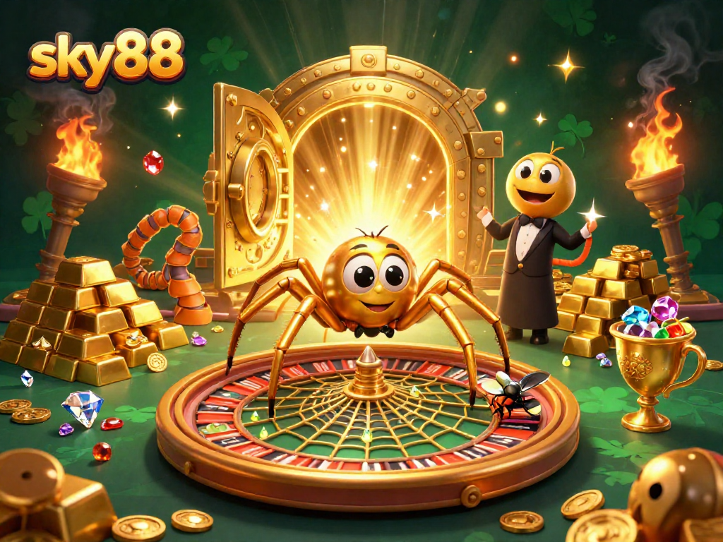 Engage in thrilling bets at sky88, with a spider and croupier spinning a golden roulette web.