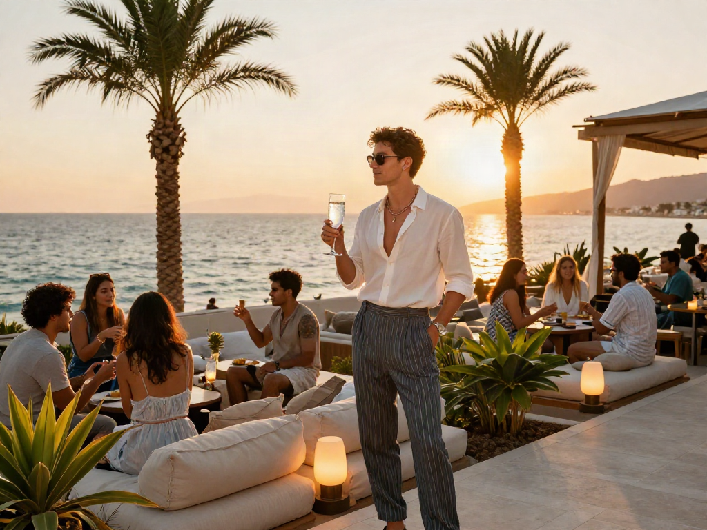 Antalya Ucuz Escort in luxurious beachside setting, enjoying vibrant sunset atmosphere with friends.