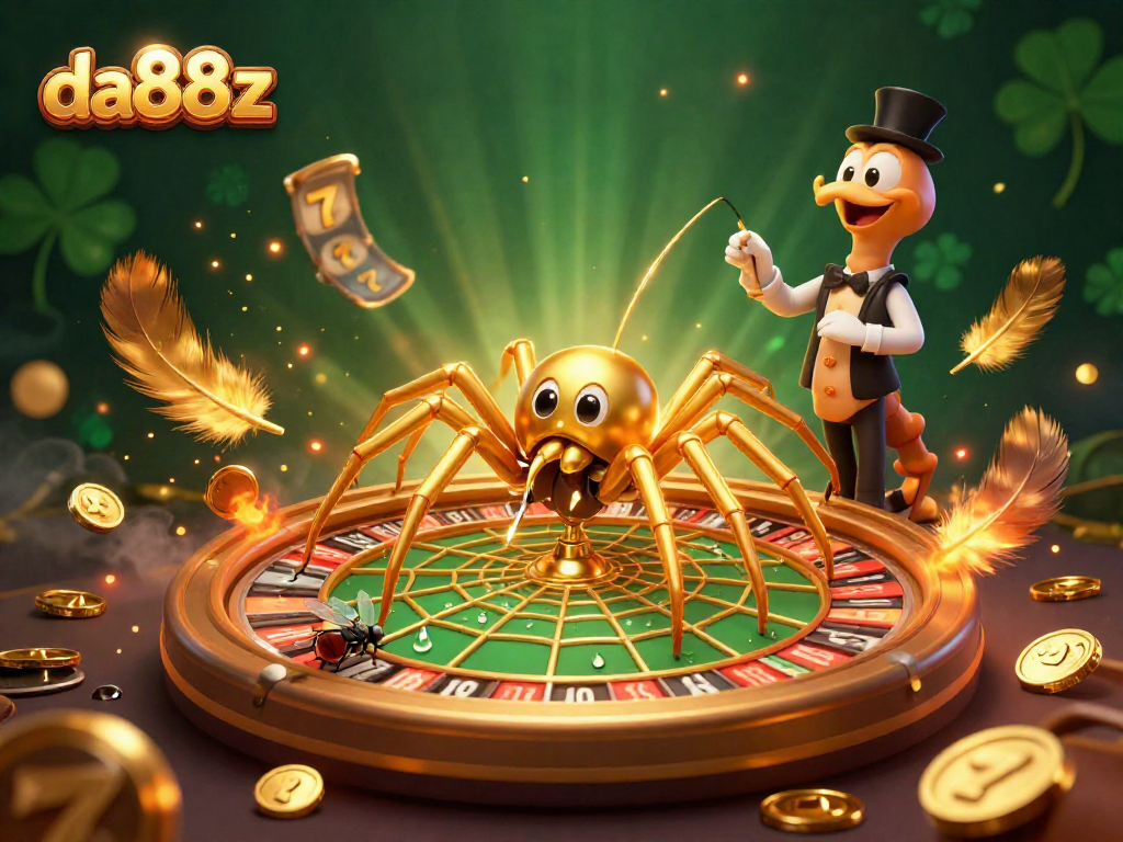 Experience thrilling slots at da88z with a cartoon spider spinning a roulette web, surrounded by betting tokens.