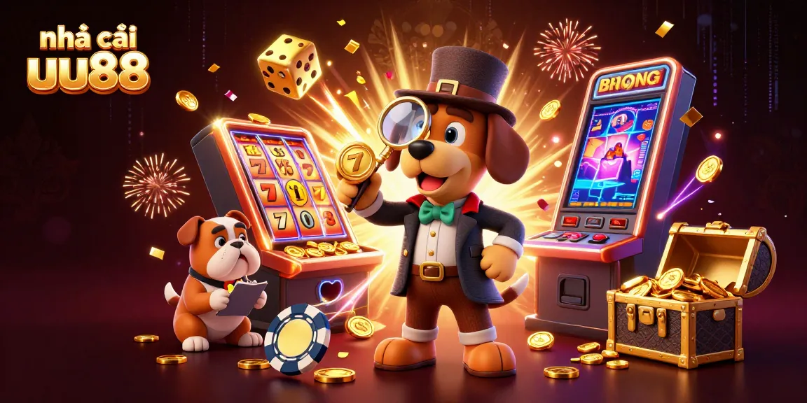 Experience the excitement of nhà cái uu88 with a detective and his dog uncovering treasures in a dynamic casino scene.