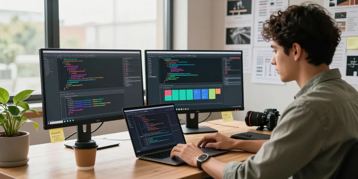 Innovative tech workspace highlighting ChatGPT alternatives with a developer coding on dual monitors in a focused setting.
