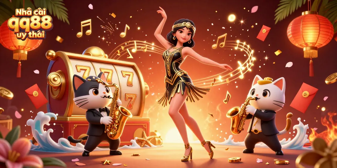 Engaging visual showcasing Nhà cái qq88 uy tín with lively characters amidst slot reels and festive elements.