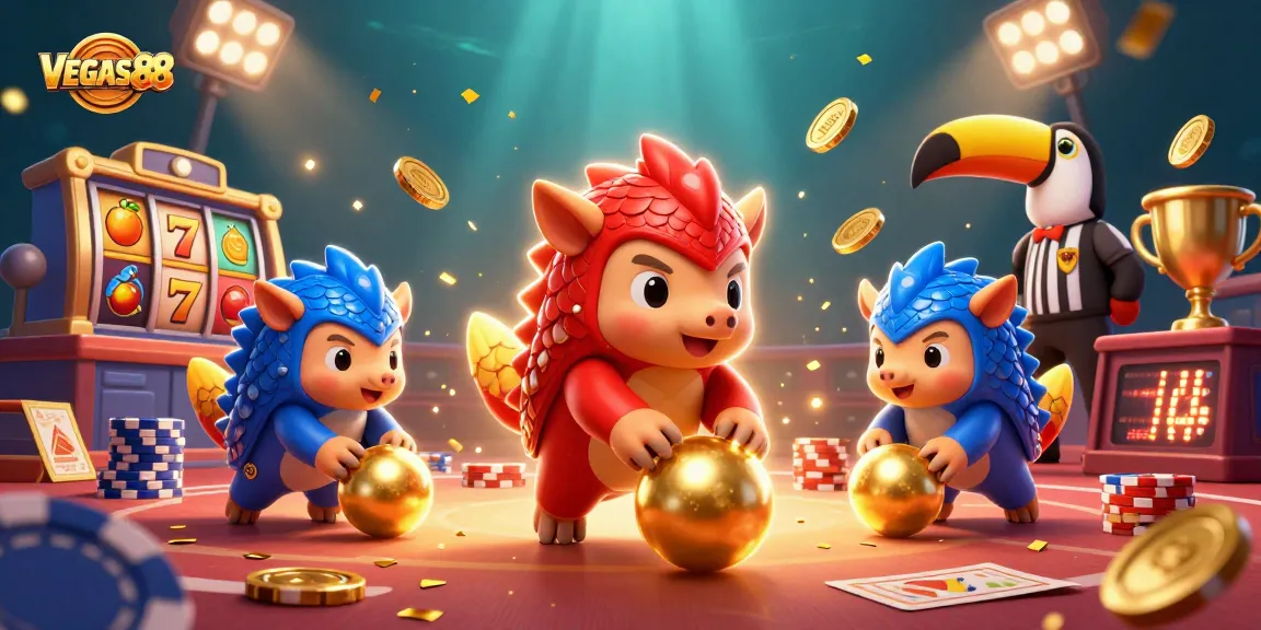 Spin to win with VEGAS88 in a dynamic slot illustration featuring vibrant pangolins and stunning game elements.