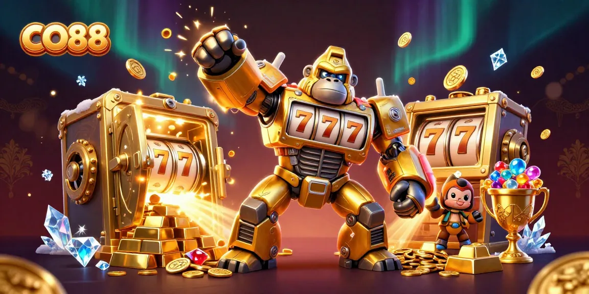 Experience the excitement of CO88 with a golden gorilla mech surrounded by treasures and game elements.