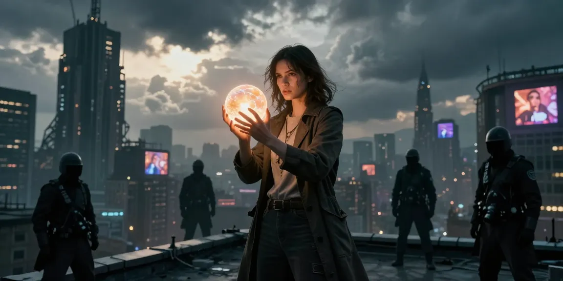 Dystopian fiction hero standing defiantly in an oppressive cityscape, symbolizing rebellion and hope.