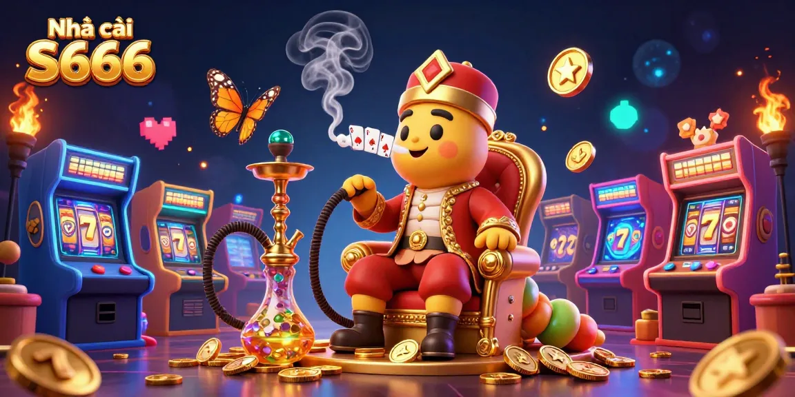 Engage with Nhà cái S666 through vibrant gaming elements in this detailed casino-themed illustration.