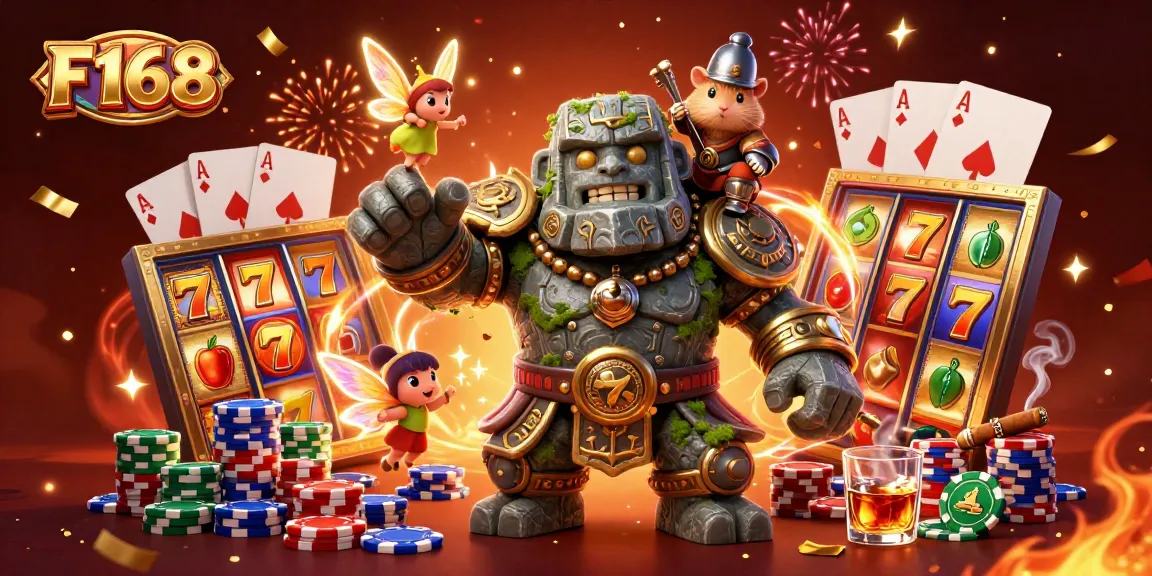 Experience the thrills of F168 with a vibrant scene showcasing slot reels, poker chips, and a magical golem guardian.