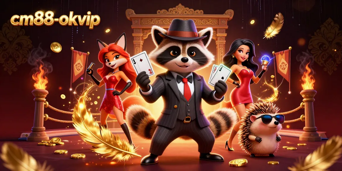Bet on cm88-okvip to win with the suave raccoon, lady fox, and hedgehog in a vibrant casino scene.