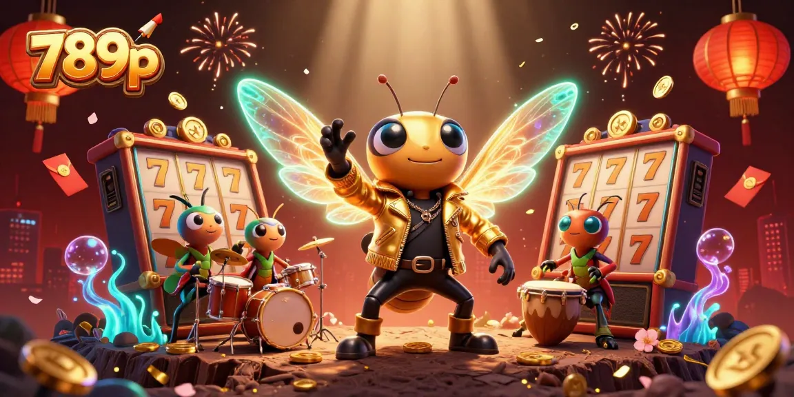 Engage with 789p action as a rock star cicada performs amidst vibrant casino elements.