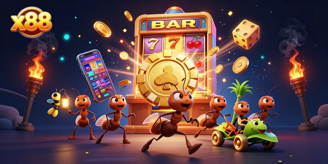 Engaging scene of x88 with ants carrying a giant poker chip in a vibrant casino adventure.