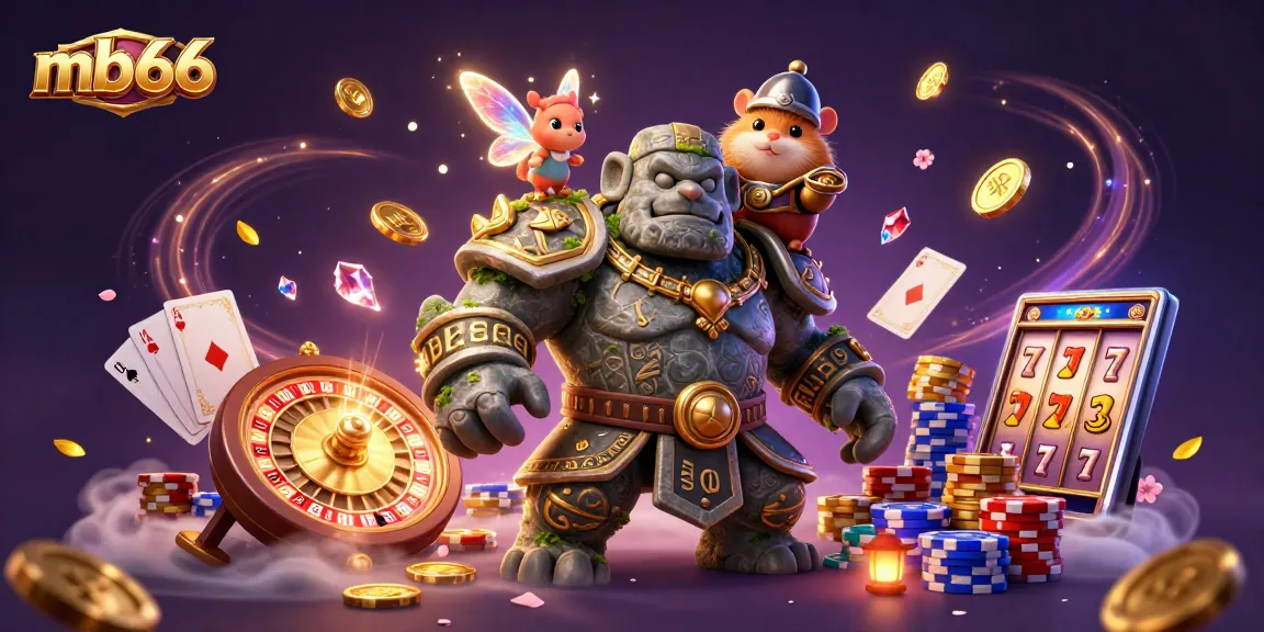 Win big with mb66 at this vibrant casino scene featuring golem, fairy, and hamster knight.