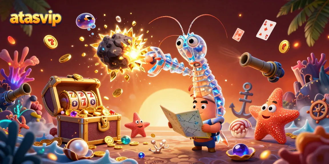 Engage in thrilling gaming action with atasvip and a galactic samurai mantis shrimp amid gold coin explosions and vibrant casino elements.