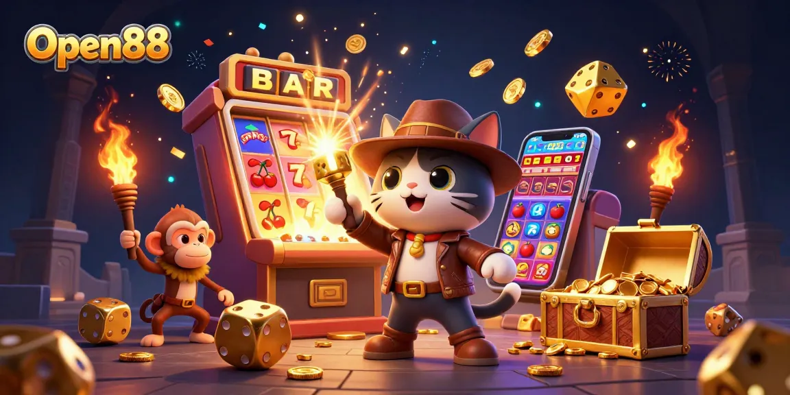 Experience the thrill of Open88 with a vibrant 3D scene showcasing an explorer cat, treasure, and slot machines.