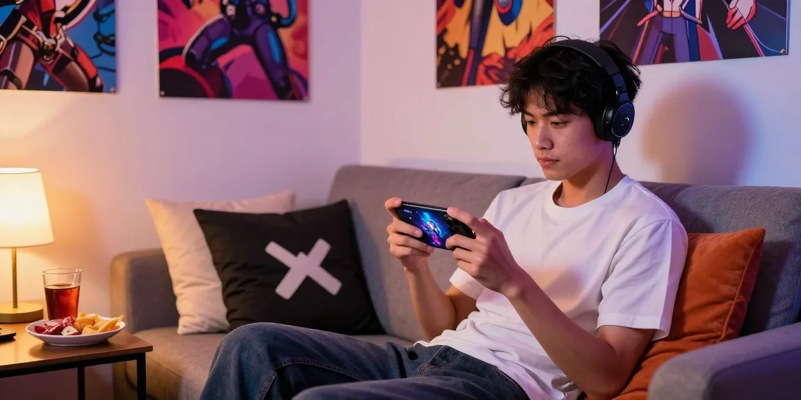 Playing mobile hentai games on a couch with vibrant decor and snacks.