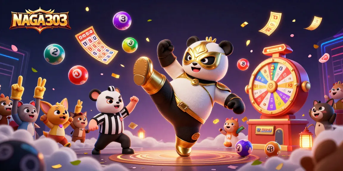 NAGA303 players enjoy a vibrant 3D lottery scene featuring colorful balls and engaging characters.