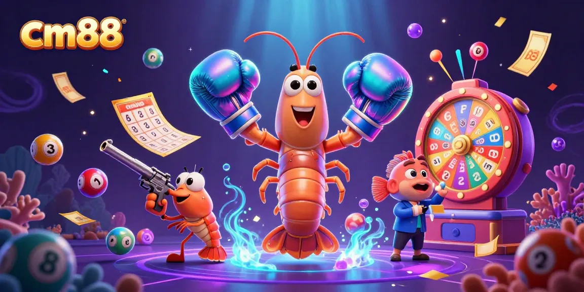 Experience the excitement of cm88 with a dynamic 3D scene featuring vibrant lottery elements and energetic characters.