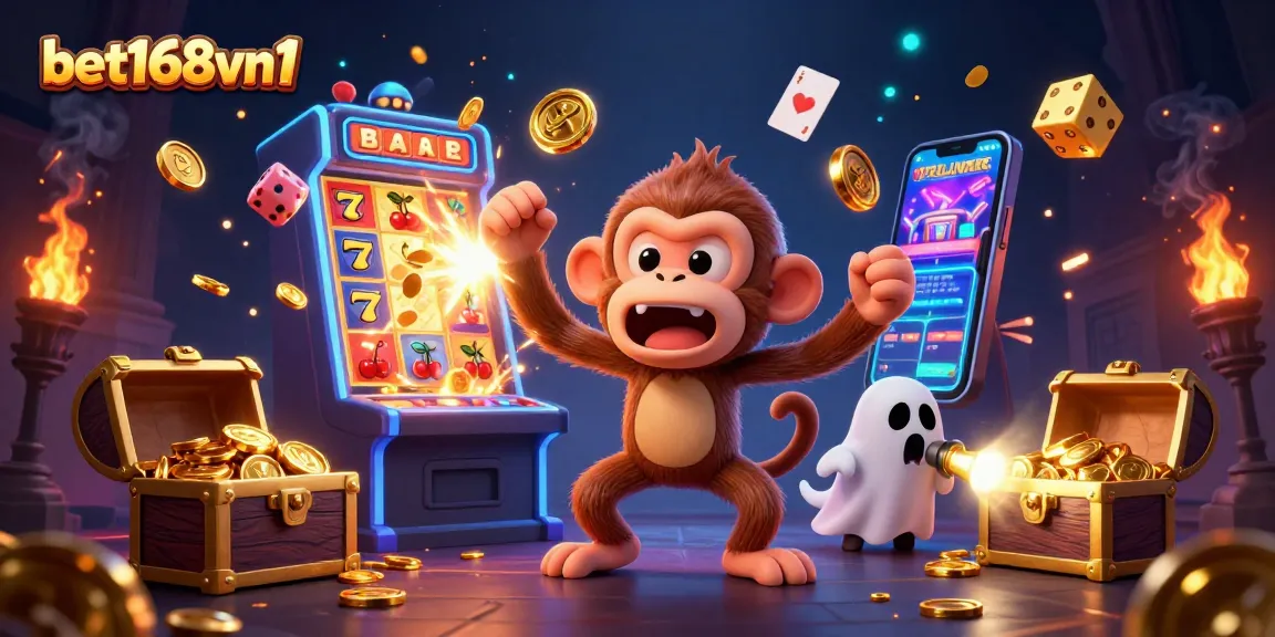 Engage with bet168vn1 as the playful poltergeist monkey juggles gold in a vibrant casino scene.