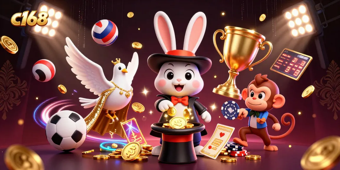 c168 features a magician rabbit and friends captivating players with golden winnings at the casino.