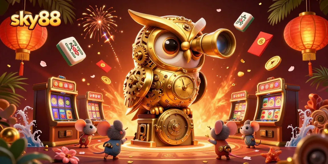 Experience thrilling gameplay with sky88's vibrant casino scene featuring a golden owl and festive elements.