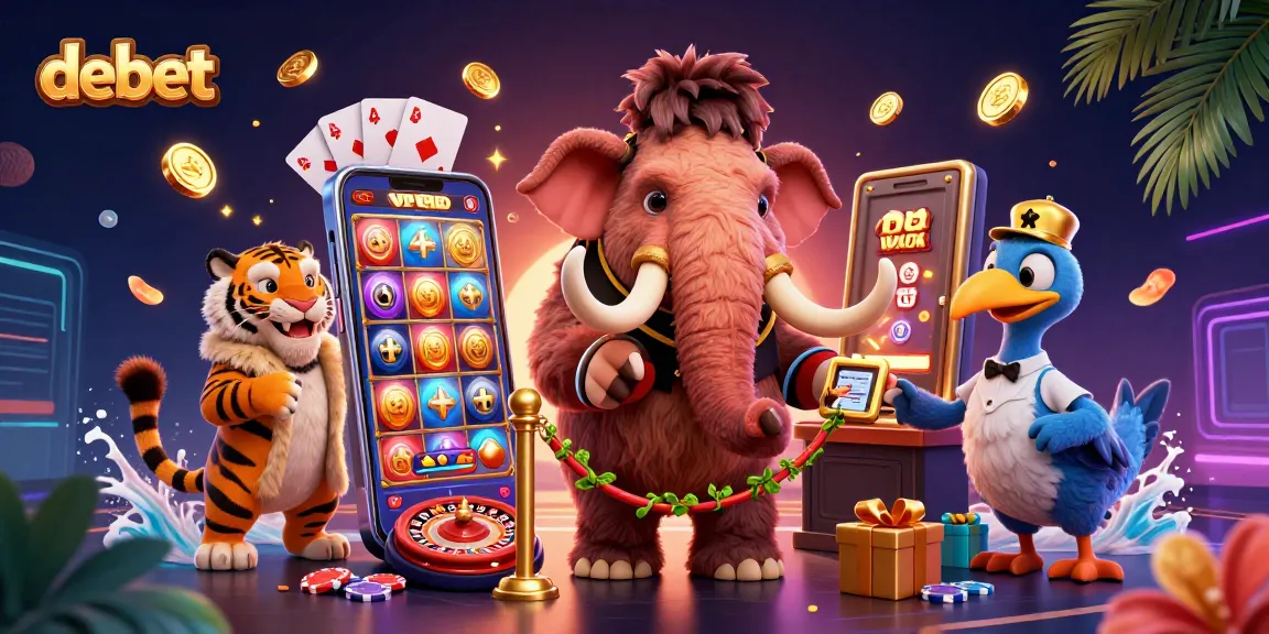 Play debet with a 3D cartoon woolly mammoth checking IDs in a vibrant casino scene.