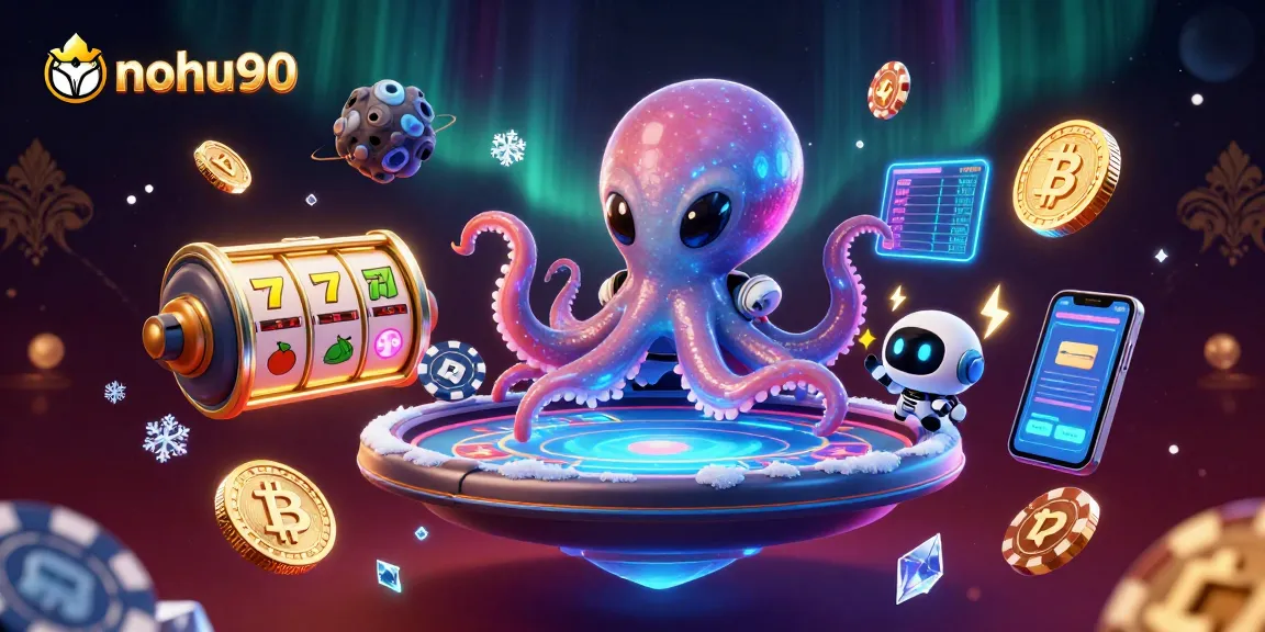 Experience the thrill of nohu90 with a vibrant 3D illustration of a galactic octopus at a poker table.