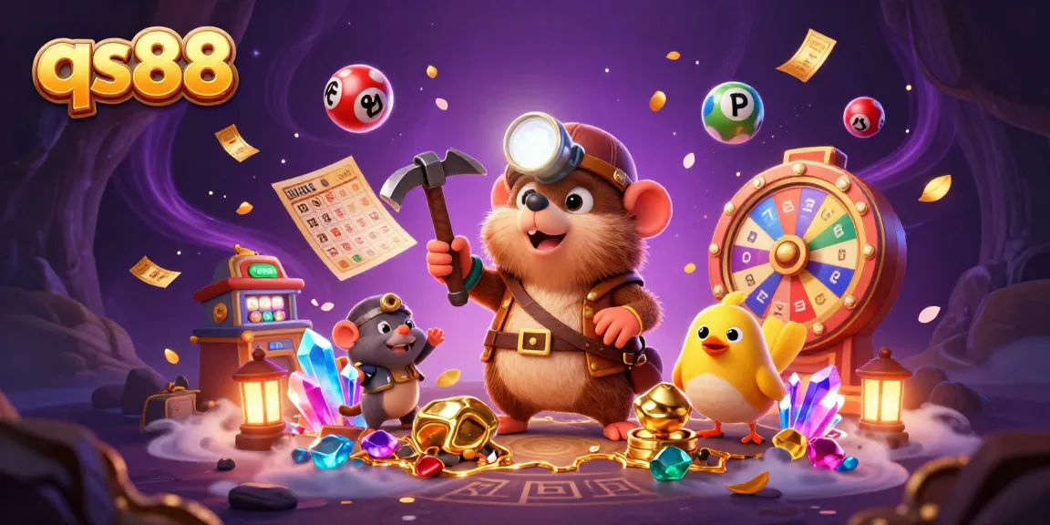 Spin to win with qs88: a vibrant 3D illustration of characters and colorful casino elements showcasing excitement and treasure.
