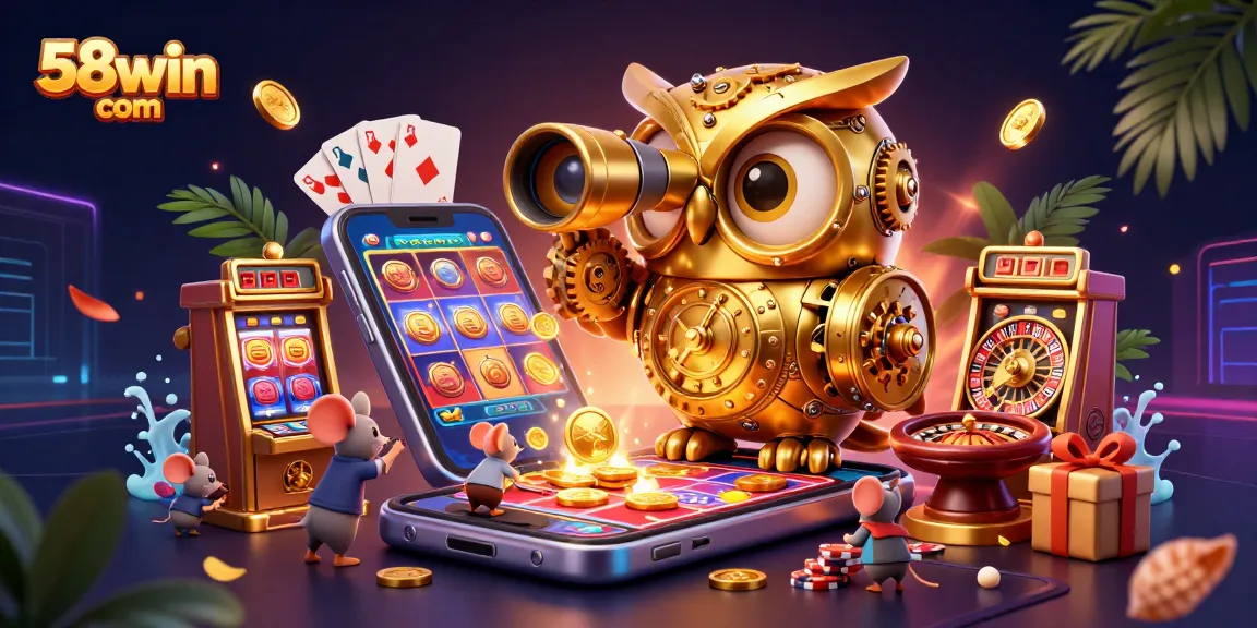 Play exciting games at 58win com with vibrant visuals, showcasing a bustling casino atmosphere.