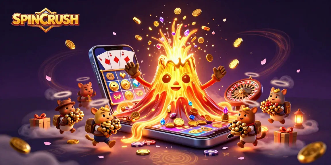 SpinCRUSH unleashes triumphant wins with dynamic gaming elements, showcasing a playful volcano and treasure.