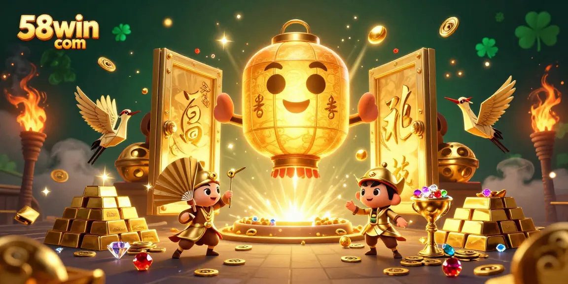 Engage in thrilling gambling adventures at 58win com, featuring a magical 3D casino scene with lucky symbols.