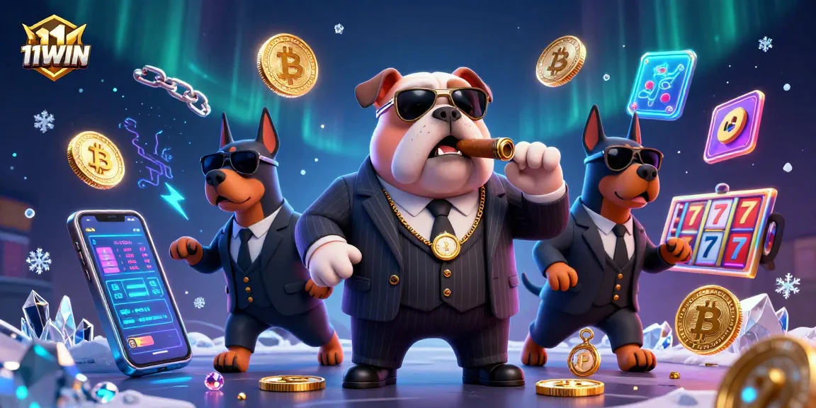Engage with the vibrant 11WIN casino scene showcasing cryptocurrency elements and classic slot symbols.
