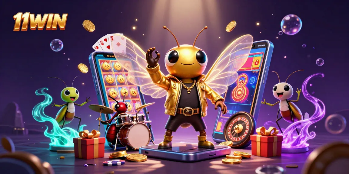 Engage with 11WIN's thrilling slot games featuring a cicada rock star and vibrant gaming elements.