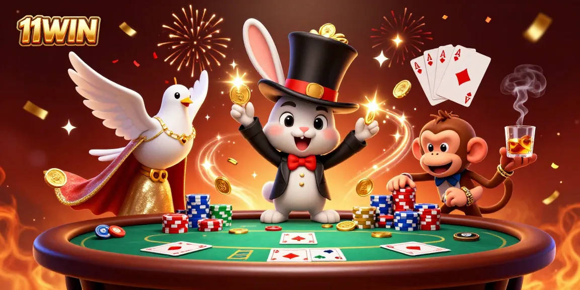 11WIN showcases a festive scene with a magician rabbit and a monkey amidst vibrant poker action.