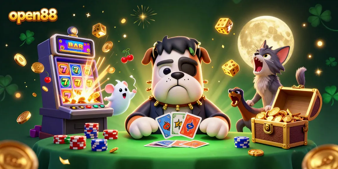 Open88 engages players with vibrant 3D illustration of a card-dealing bulldog and a jackpot slot explosion.