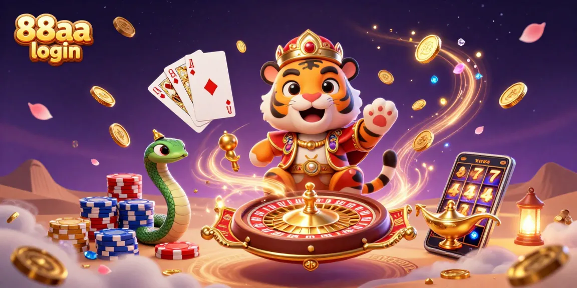 Engage with the vibrant 88aa login scene featuring a sultan on a carpet of poker chips amidst glowing casino elements.