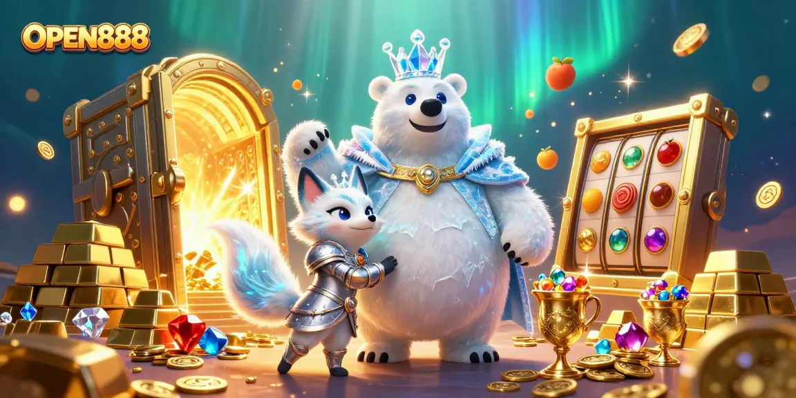 Engage with OPEN888's immersive slots experience featuring the regal ice king and treasures in a dynamic scene.