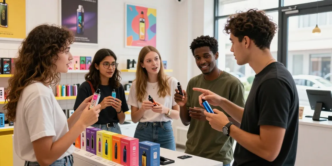 Exciting scene at the top disposable vapes shop in USA with friends exploring vibrant vape devices and flavors.