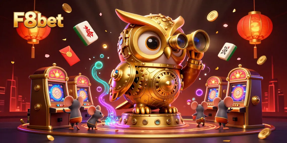 Engage with F8bet's thrilling casino experience, featuring a golden owl overseeing exciting games.