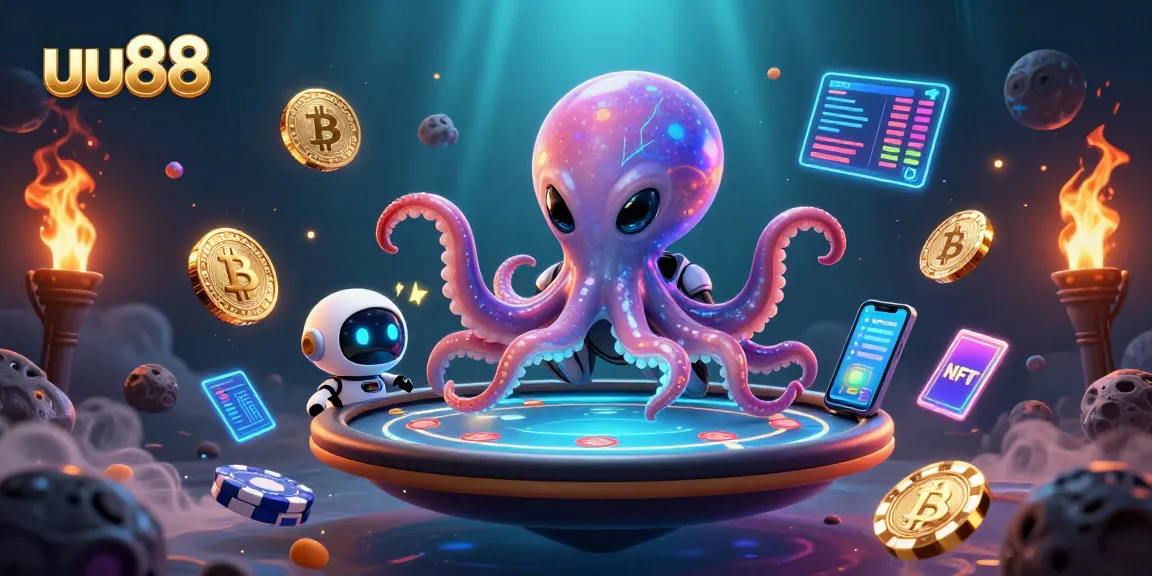 Experience the thrill of winning at uu88 with a vibrant 3D gambling scene featuring an octopus dealer and crypto elements.