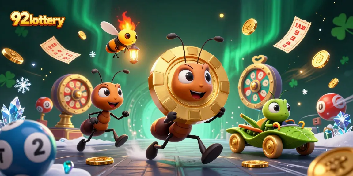 Experience 92lottery excitement with cartoon ants and vibrant lottery elements in a dynamic heist.