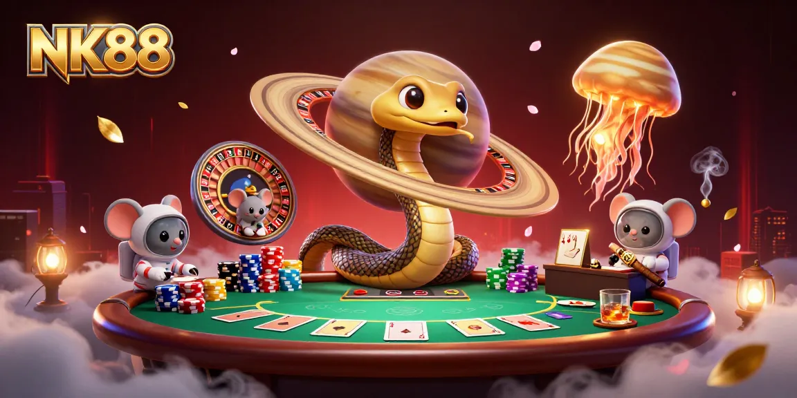 Experience thrilling gameplay at NK88 with a cosmic poker scene featuring vibrant characters and dynamic betting action.