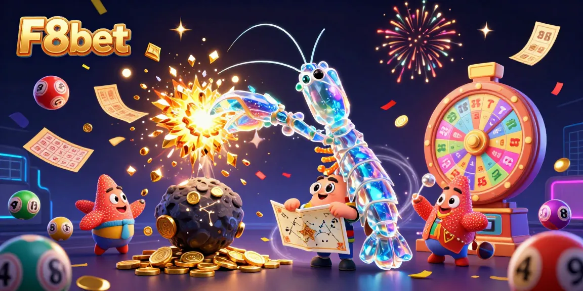 Win prizes with F8bet in an exciting 3D casino atmosphere featuring vibrant gaming elements and characters.