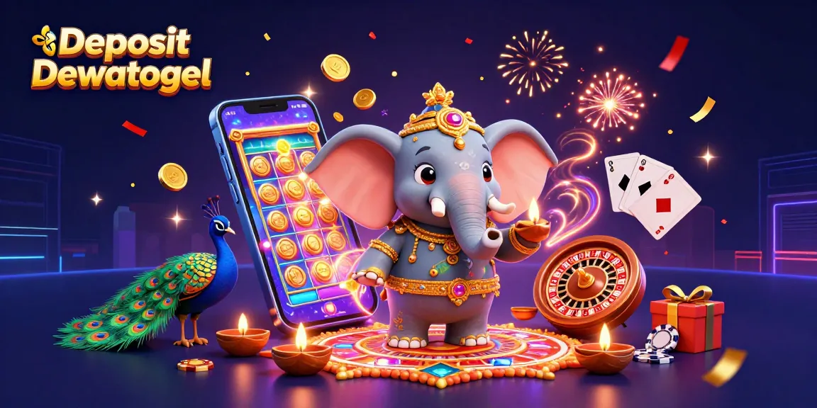 Experience the thrill of 'Deposit Dewatogel' with vibrant casino elements, showcasing colorful slot games, and festive characters.