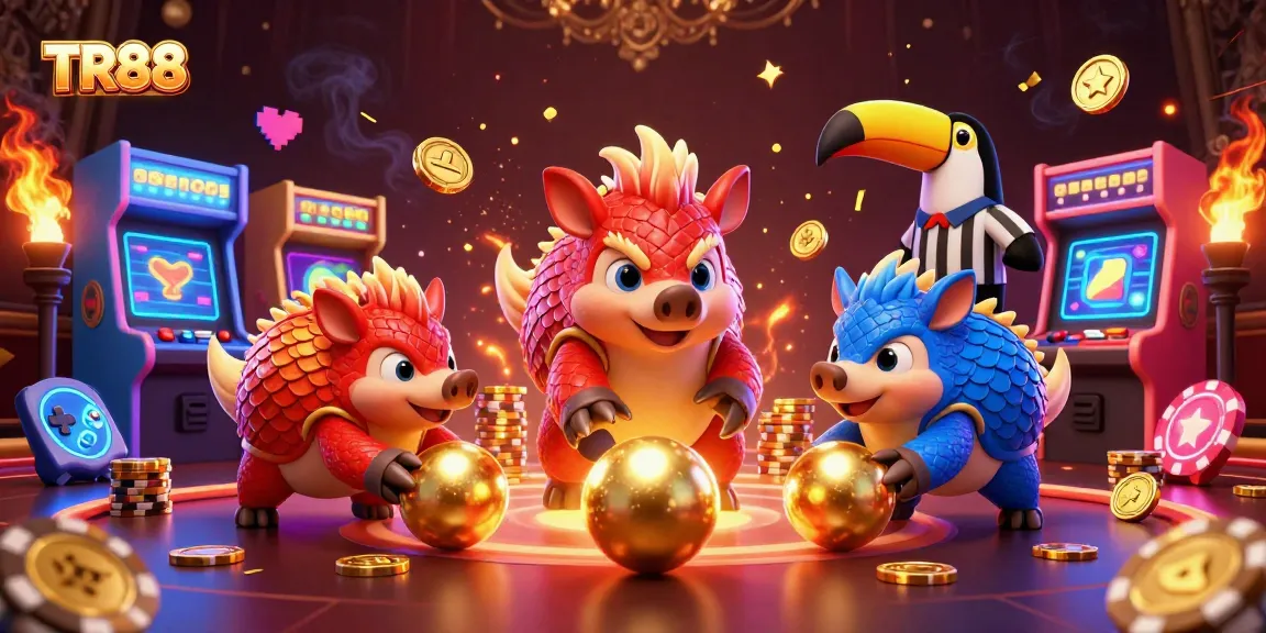 TR88 pangolins in a dynamic casino scene rolling golden balls through poker chips, showcasing fun and excitement.