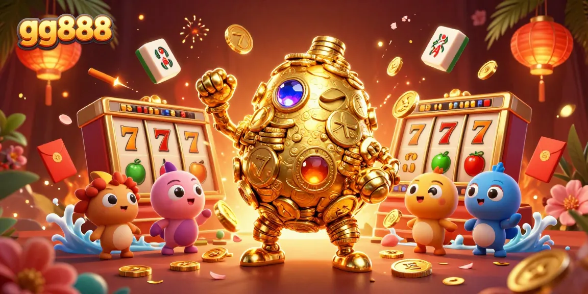 Experience the thrill of gg888 gaming with a vibrant scene featuring a golden coin golem and dynamic slot elements.
